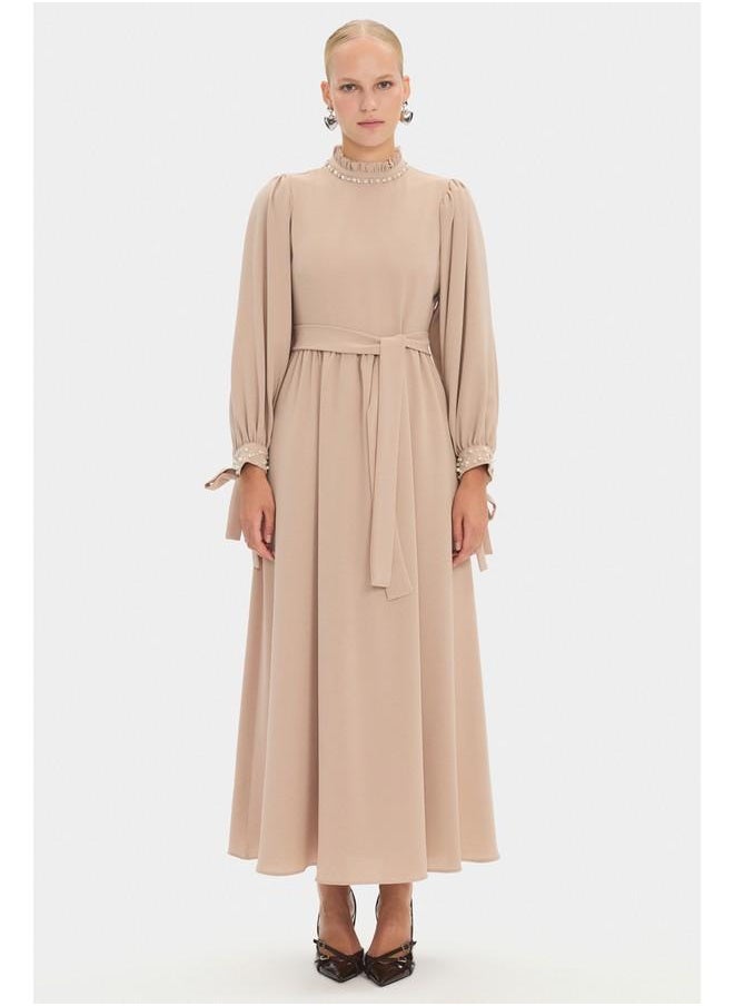 June Women High Neck Stone Detailed Balloon Sleeve Maxi Dress Stone