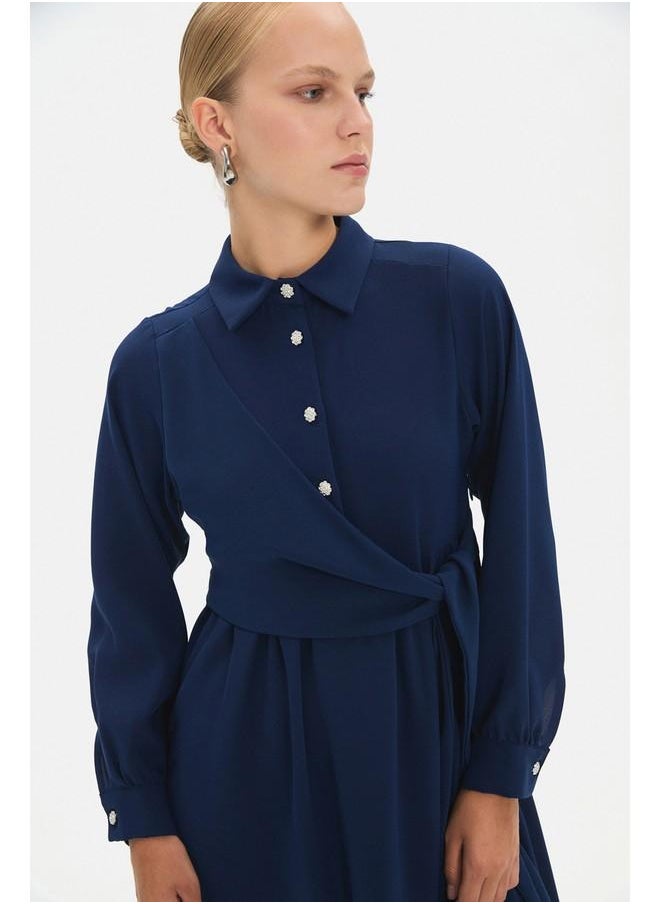 June Women Shirt Neck Tie Detailed Maxi Dress Navy