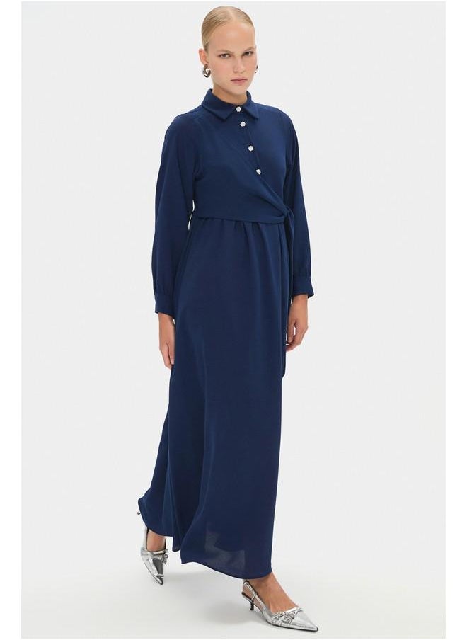 June Women Shirt Neck Tie Detailed Maxi Dress Navy