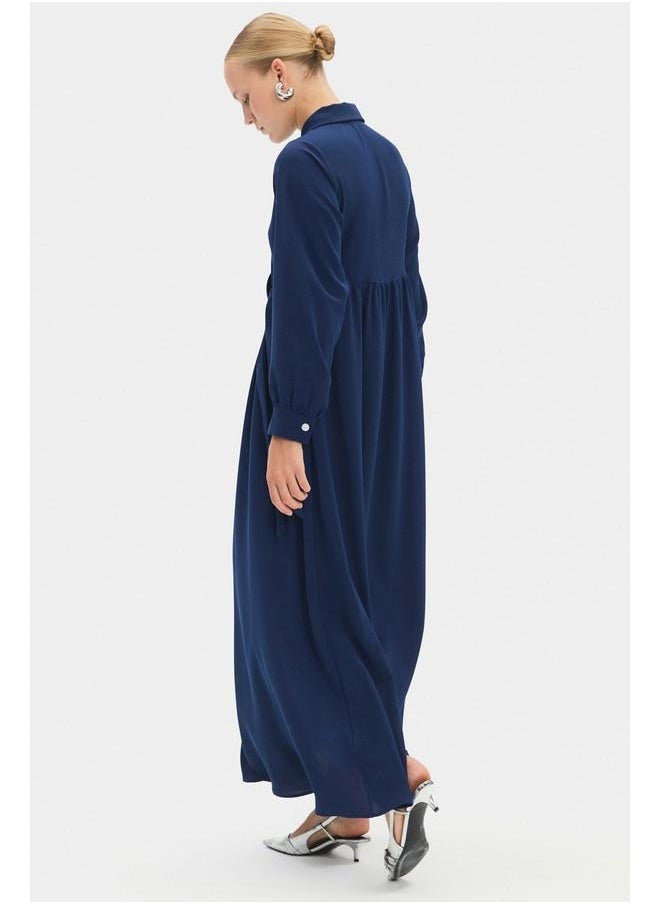 June Women Shirt Neck Tie Detailed Maxi Dress Navy