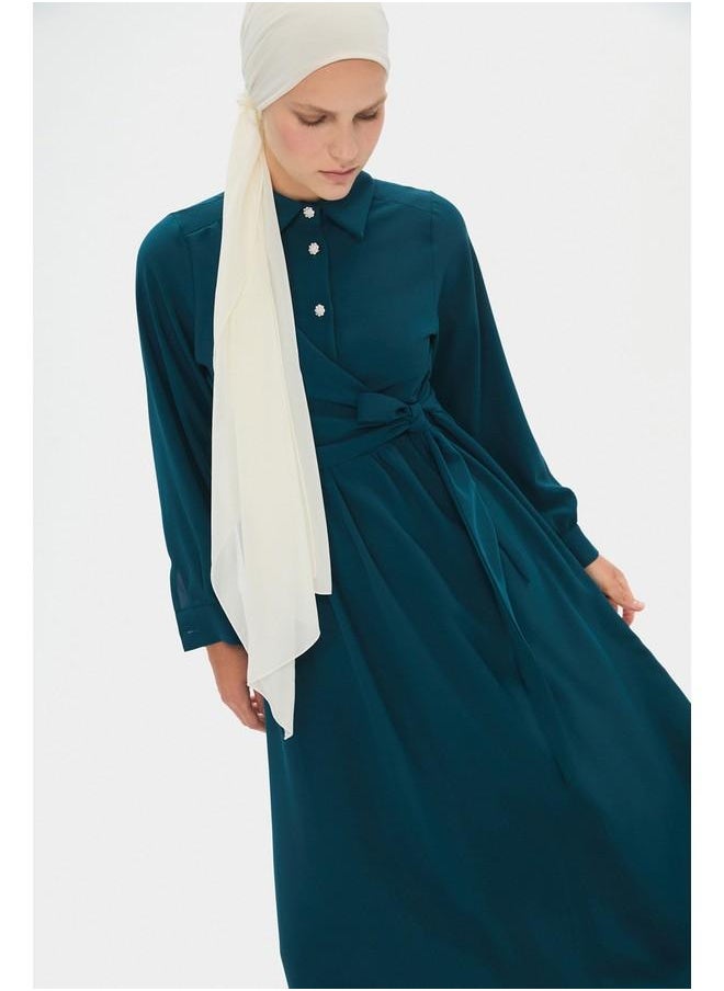 June Women Shirt Neck Tie Detailed Maxi Dress Teal