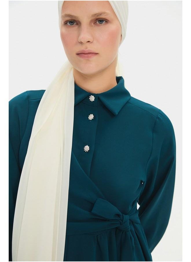 June Women Shirt Neck Tie Detailed Maxi Dress Teal