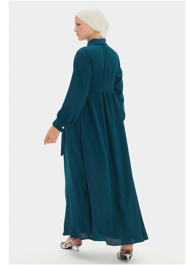 June Women Shirt Neck Tie Detailed Maxi Dress Teal