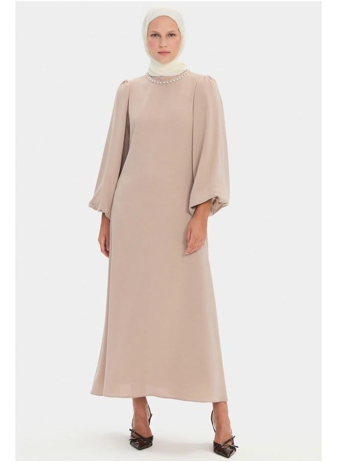 June Women HighNeck Stoned Waist Tie Detail Balloon Sleeve Dress Stone