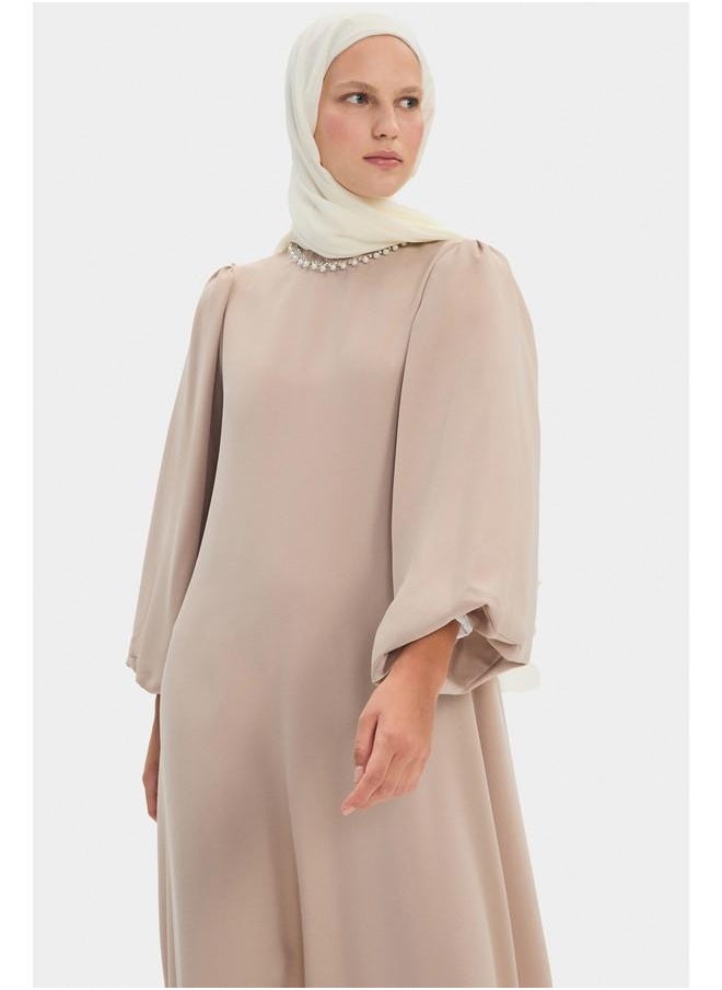 June Women HighNeck Stoned Waist Tie Detail Balloon Sleeve Dress Stone