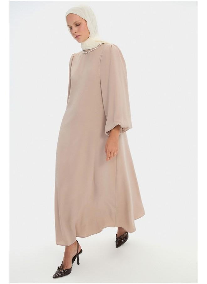 June Women HighNeck Stoned Waist Tie Detail Balloon Sleeve Dress Stone