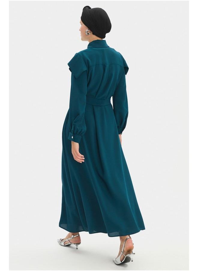 June Women Straight Fit Shirt Neck Waist Tie Detailed Dress Teal