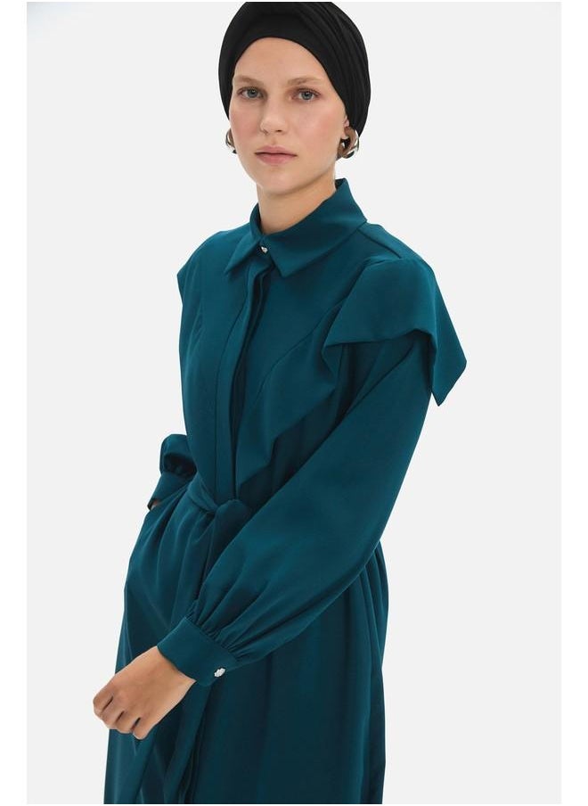 June Women Straight Fit Shirt Neck Waist Tie Detailed Dress Teal