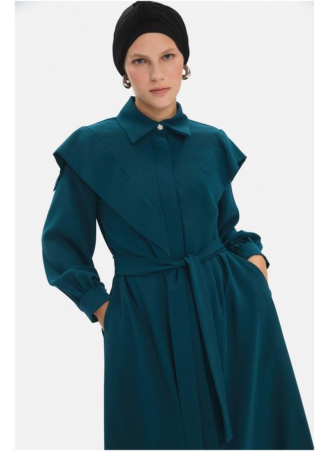 June Women Straight Fit Shirt Neck Waist Tie Detailed Dress Teal