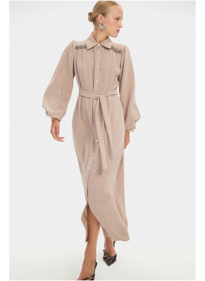 June Women Shirt Neck Balloon Sleeve Stone Details and Waist Tie Maxi Dress Stone