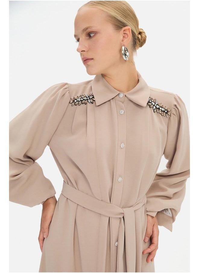 June Women Shirt Neck Balloon Sleeve Stone Details and Waist Tie Maxi Dress Stone