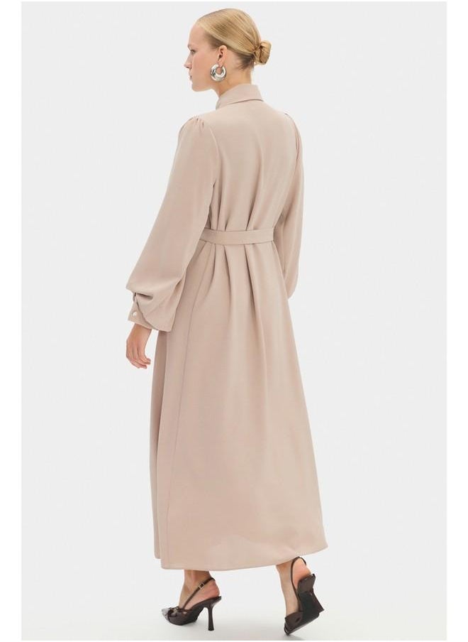 June Women Shirt Neck Balloon Sleeve Stone Details and Waist Tie Maxi Dress Stone
