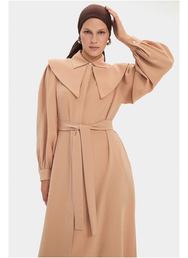 June Women Straight Cut Baby Neck Balloon Sleeve Dress Tan