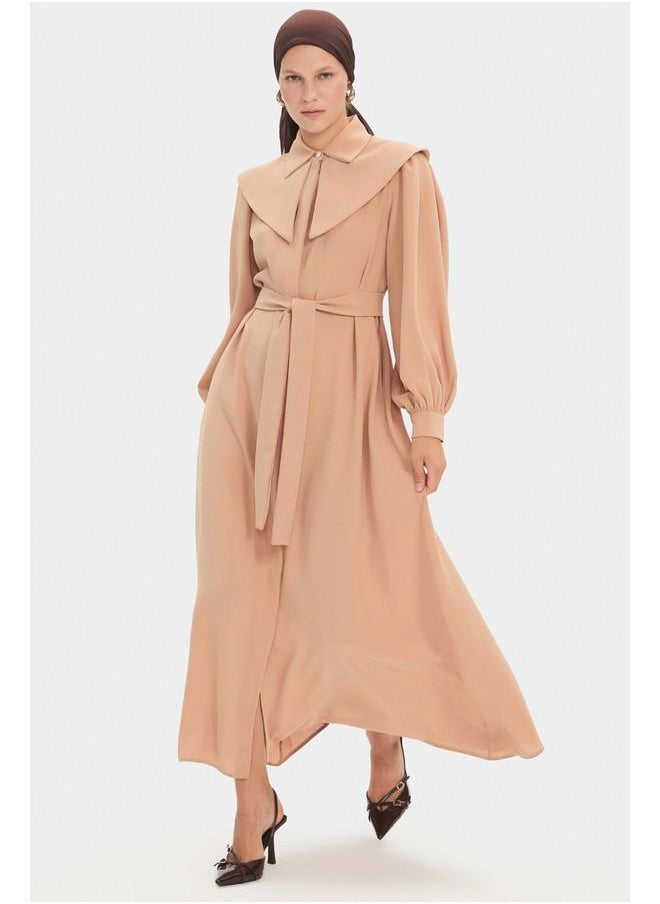 June Women Straight Cut Baby Neck Balloon Sleeve Dress Tan