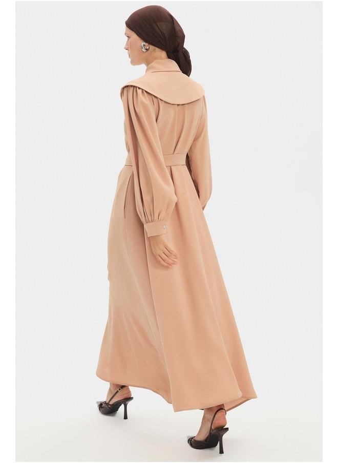June Women Straight Cut Baby Neck Balloon Sleeve Dress Tan