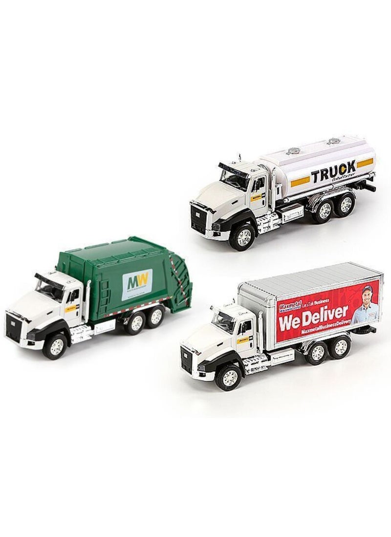 Max Metal Die-Cast Transport Vehicles Truck Toys (3 Pack) 1:50 Pull Back Metal Model (Set W) Garbage Truck, Oil Tanker Truck and Delivery Truck