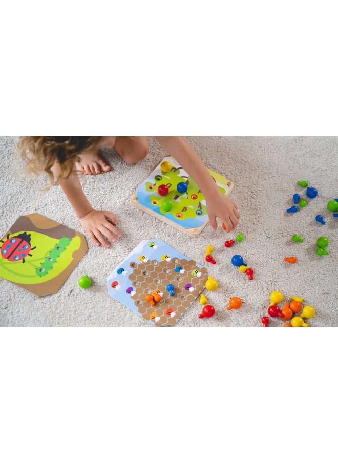 PlanToys Creative Wooden Peg Board With 3 Double Sided Cards (5399) | Sustainably Made from Rubberwood and Non-Toxic Paints and Dyes