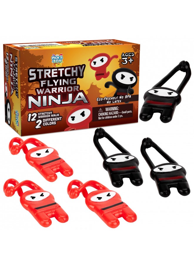 PICK A TOY Stretchy Flying Ninjas [12-Pieces] | Elastic Slingshot Ninja Toys for Boys & Girls | Great Birthday Gift & Party Favors Idea | Red & Black Colors | Eco-Friendly, BPA-Free Materials