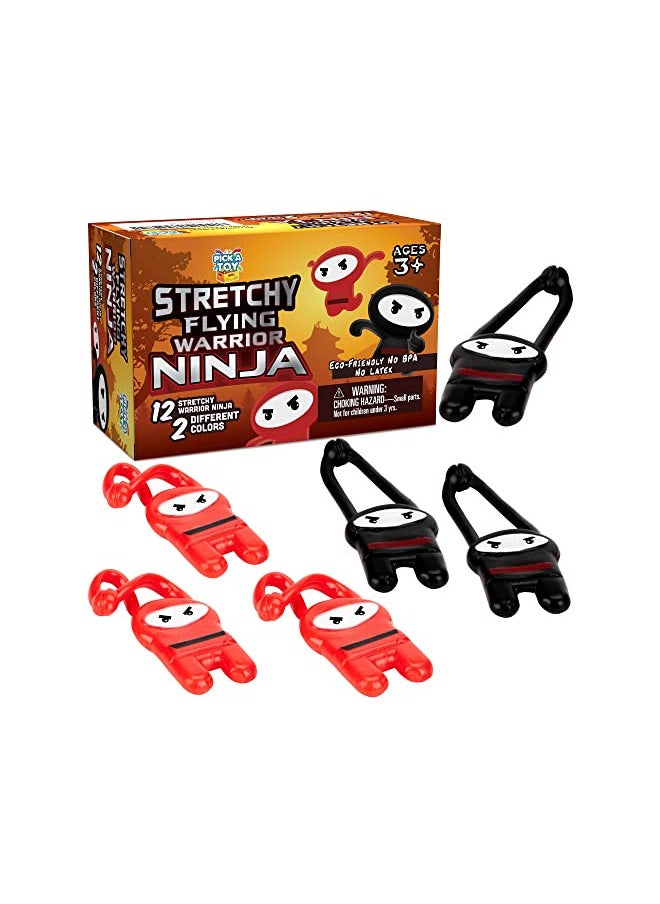 PICK A TOY Stretchy Flying Ninjas [12-Pieces] | Elastic Slingshot Ninja Toys for Boys & Girls | Great Birthday Gift & Party Favors Idea | Red & Black Colors | Eco-Friendly, BPA-Free Materials