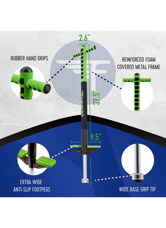 Flybar Maverick Pogo Stick for Kids Ages 5+, 40 to 80 Pounds, Perfect for Beginners, Easy Grip Handles, Anti-Slip Pegs, Outdoor Toys for Boys, Jumper Toys for Girls, Outside Toys for Kids (Green)