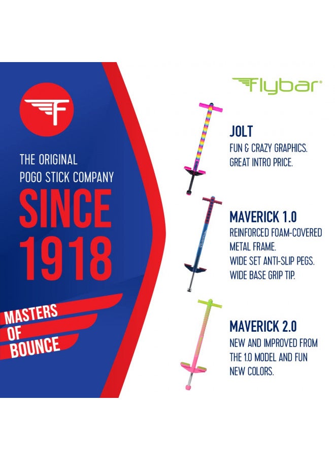 Flybar Maverick Pogo Stick for Kids Ages 5+, 40 to 80 Pounds, Perfect for Beginners, Easy Grip Handles, Anti-Slip Pegs, Outdoor Toys for Boys, Jumper Toys for Girls, Outside Toys for Kids (Red/Blue)