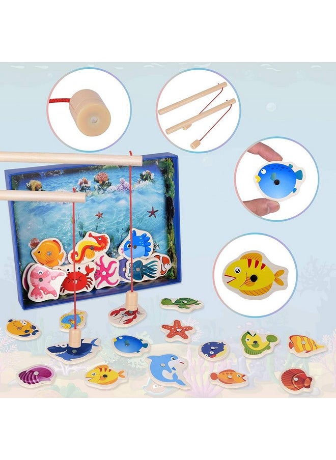 Wooden Fishing Magnetic Toy Set Fishing Game 30 Piece Fishes 2 Sticks 1 Tray Wooden Magnetic Fishing Travel Table Toy Christmas Birthday Gift (Fish Game)