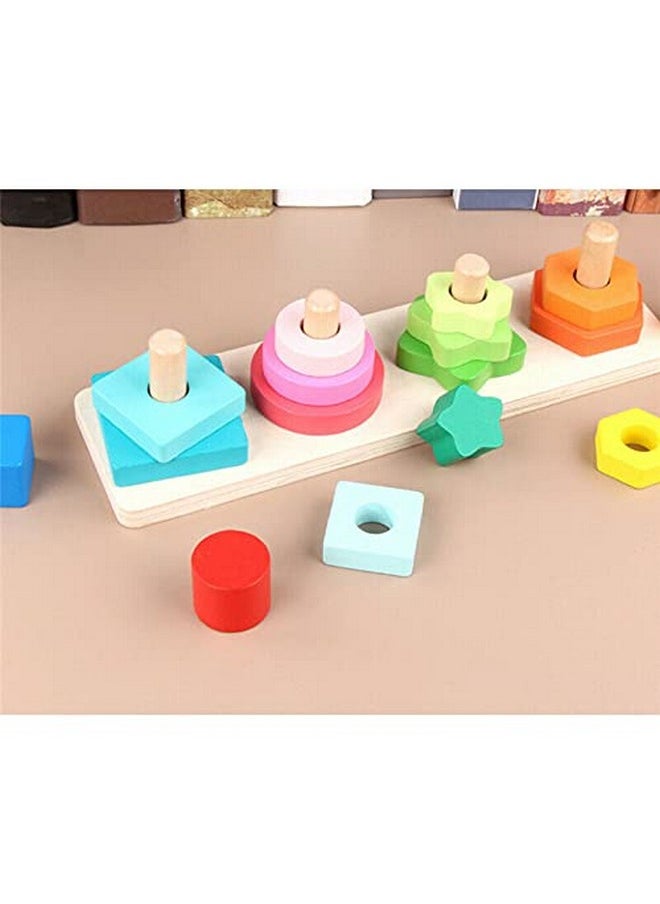 Wooden Sorting & Stacking Toy, 4 Geometric Shape Sorter Toys For Toddlers, Montessori Color Recognition Stacker, Educational Blocks Puzzles 1-3 Years Old Age Kids (4 Shapes) (20 Pieces)