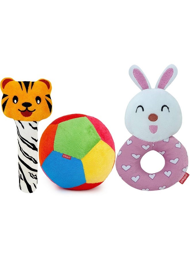 Super Saver Soft Toy Combo (3-In-1): Tiger Rattle, Bunny Rattle, And 11Cm Ball