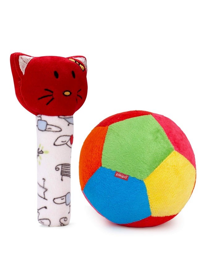 Plush Soft Ball (Small Size, 11Cm) And Kitty Face Soft Rattle Combo, Multicolor,Baby (Material: Polyester & Plush)