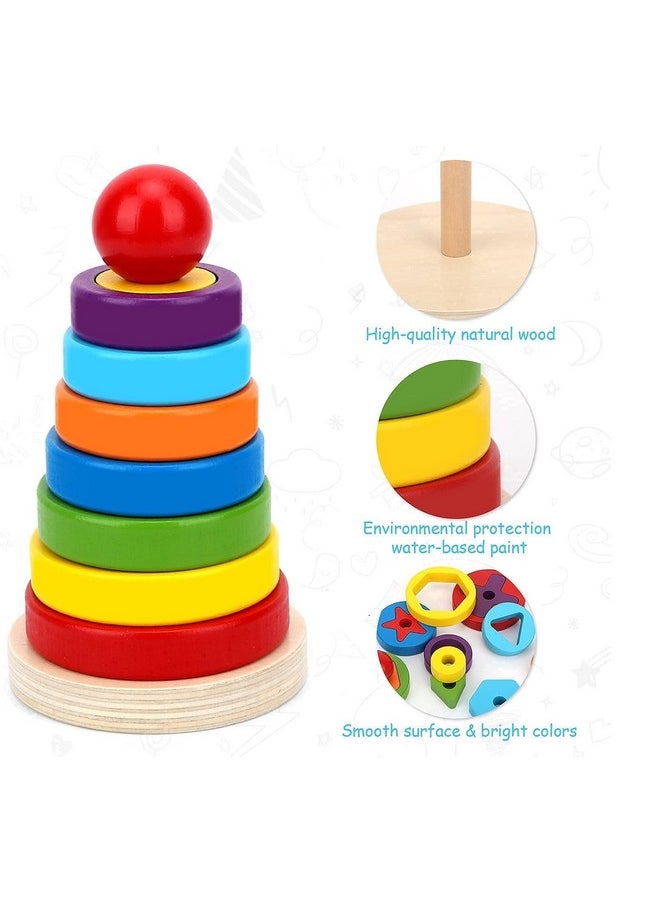 Montessori Wooden Rainbow Rings Tower; Geometric Shape Recognition, Sorting, Stacking And Plugging; Stacker Building Educational Learning Toy Game For 3 4 5 Years Old Toddlers(20 Pieces)