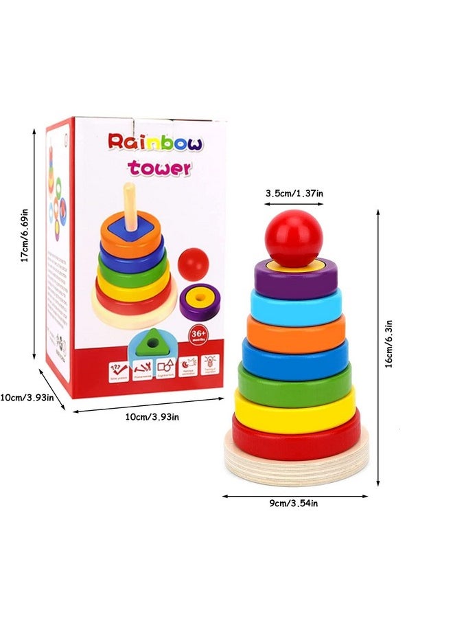 Montessori Wooden Rainbow Rings Tower; Geometric Shape Recognition, Sorting, Stacking And Plugging; Stacker Building Educational Learning Toy Game For 3 4 5 Years Old Toddlers(20 Pieces)