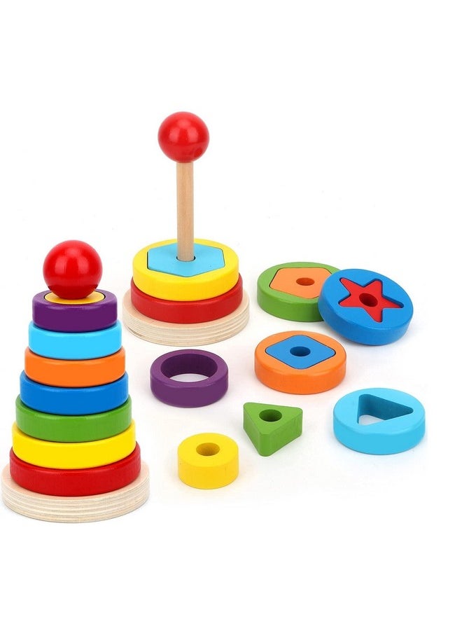 Montessori Wooden Rainbow Rings Tower; Geometric Shape Recognition, Sorting, Stacking And Plugging; Stacker Building Educational Learning Toy Game For 3 4 5 Years Old Toddlers(20 Pieces)