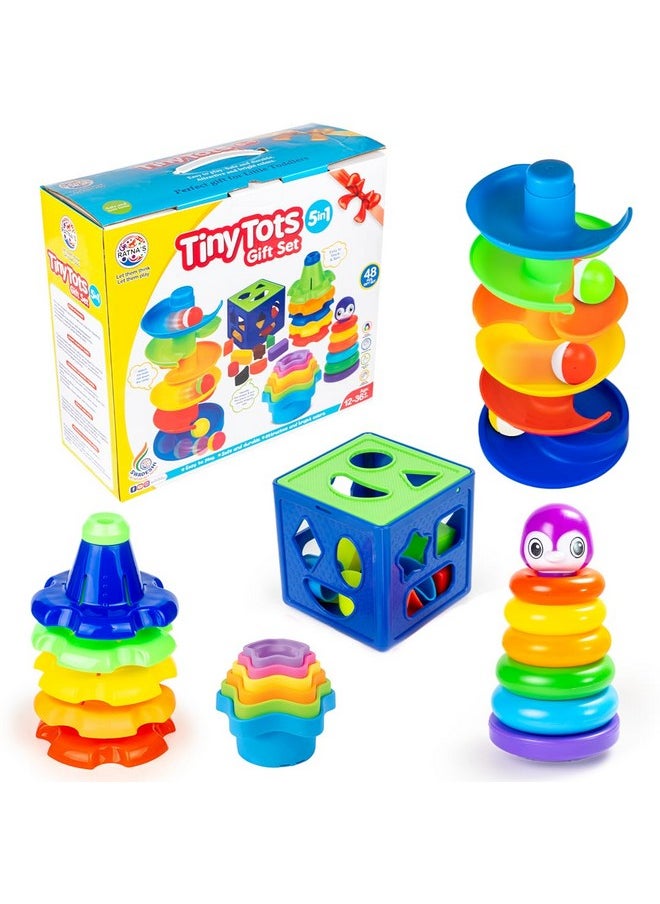 5 In 1 Tiny Tots Gift Set Containing Star Stacker, Penguin Stacking Ring, Stack-N-Spin, Rainbow Spinning Tower & Shape Sorter Cube Toys For Infants & Toddlers