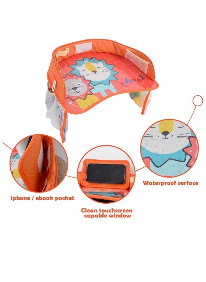 Kids Travel Tray Car Seat Activity and Play Tray Organizer for Children and Toddlers Lap Desk with Tablet Phone Holder Waterproof and Foldable (Orange)