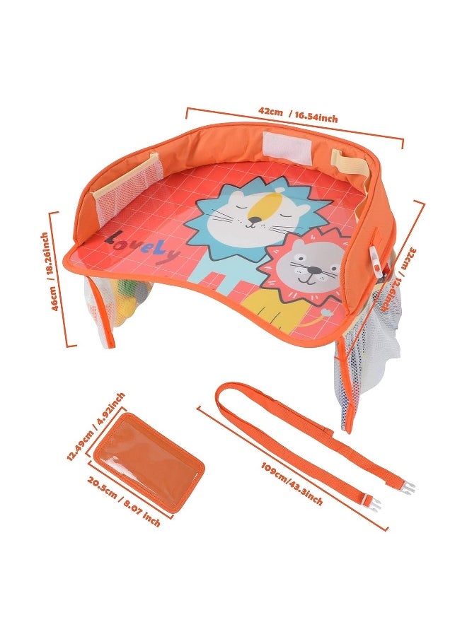 Kids Travel Tray Car Seat Activity and Play Tray Organizer for Children and Toddlers Lap Desk with Tablet Phone Holder Waterproof and Foldable (Orange)