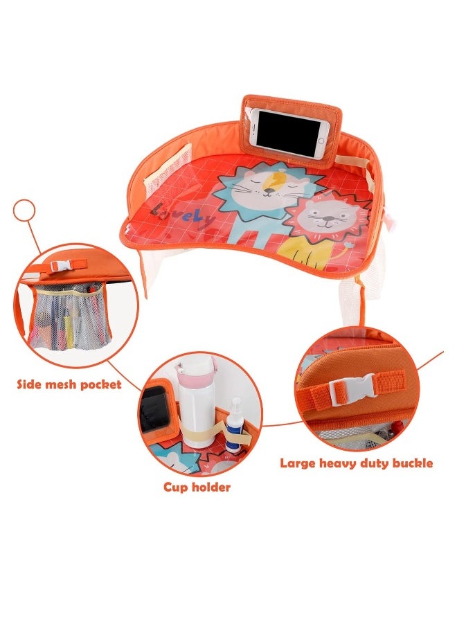 Kids Travel Tray Car Seat Activity and Play Tray Organizer for Children and Toddlers Lap Desk with Tablet Phone Holder Waterproof and Foldable (Orange)