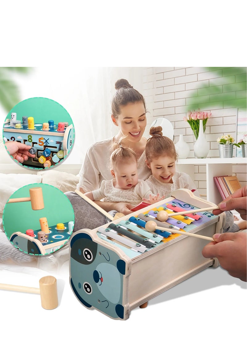 3 in 1 Wooden Hammering Pounding Toy, Montessori Motor Skills Learning Toy, Early Development Toy with Pounding Bench, Xylophone, Number Sorting Maze