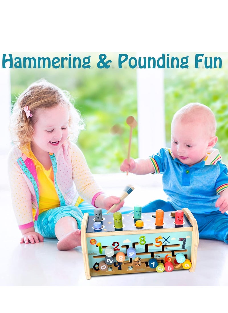 3 in 1 Wooden Hammering Pounding Toy, Montessori Motor Skills Learning Toy, Early Development Toy with Pounding Bench, Xylophone, Number Sorting Maze