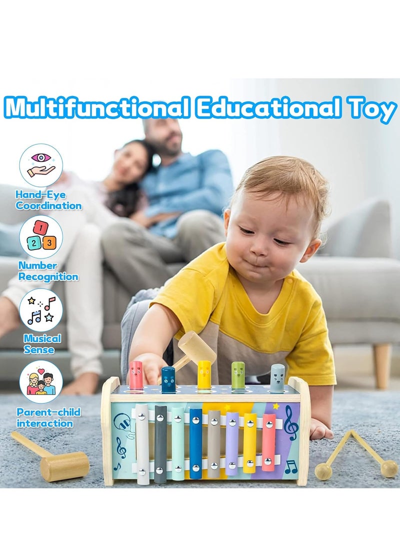 3 in 1 Wooden Hammering Pounding Toy, Montessori Motor Skills Learning Toy, Early Development Toy with Pounding Bench, Xylophone, Number Sorting Maze