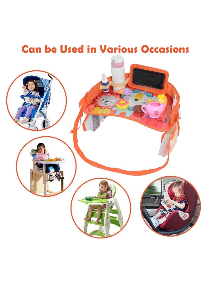 Kids Travel Tray Car Seat Activity and Play Tray Organizer for Children and Toddlers Lap Desk with Tablet Phone Holder Waterproof and Foldable (Orange)