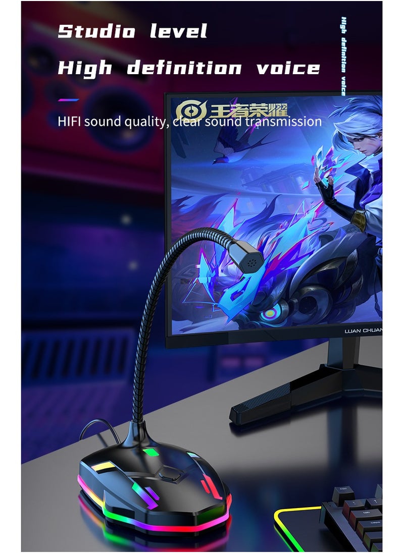 RGB Gaming Desktop USB Condenser Microphone – High-Definition Audio, 360° Sound Pickup, Noise-Canceling, Anti-Interference, One-Touch Mute, with RGB Lighting for Recording, Meetings, and Streaming