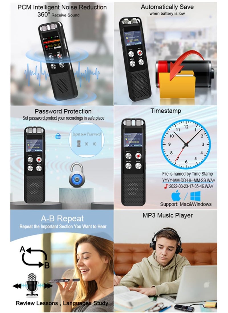 72GB Digital Voice Recorder Voice Activated Recorders with Playback Audio Recording Device with Clip-on Microphone for Lectures Meetings Dictaphone Sound Portable Tape Recorder with Password