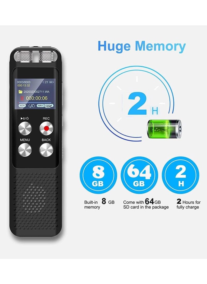 72GB Digital Voice Recorder Voice Activated Recorders with Playback Audio Recording Device with Clip-on Microphone for Lectures Meetings Dictaphone Sound Portable Tape Recorder with Password