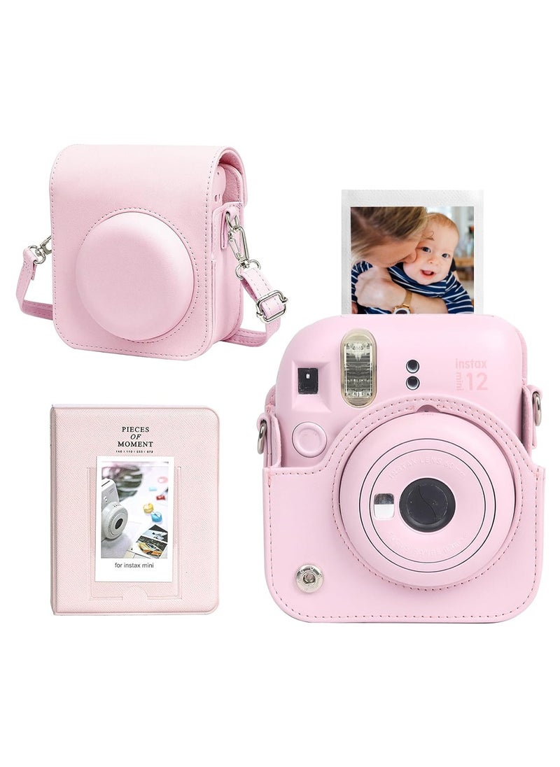 Protective Case for Fujifilm Instax Mini 12 Instant Camera PU Leather Carrying Bag with Adjustable Shoulder Strap and 64-Pocket Mini Photo Album, Pink