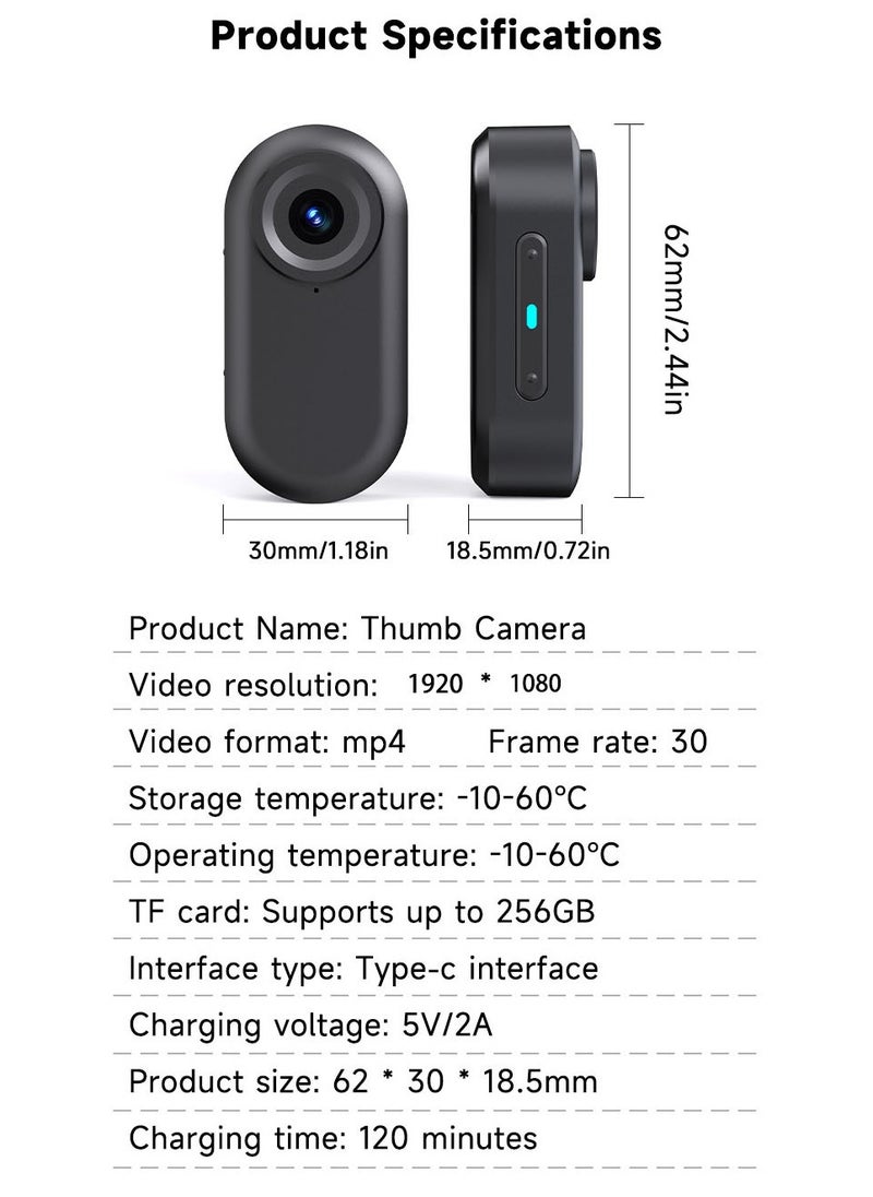 1.47-Inch Thumb Camera, Lightweight 35g Portable Action Camera with 1080P HD Video, Magnetic Charging, Real-Time Preview, Wide-Angle 2.7K Recording, Loop Recording, and Up to 256GB Storage