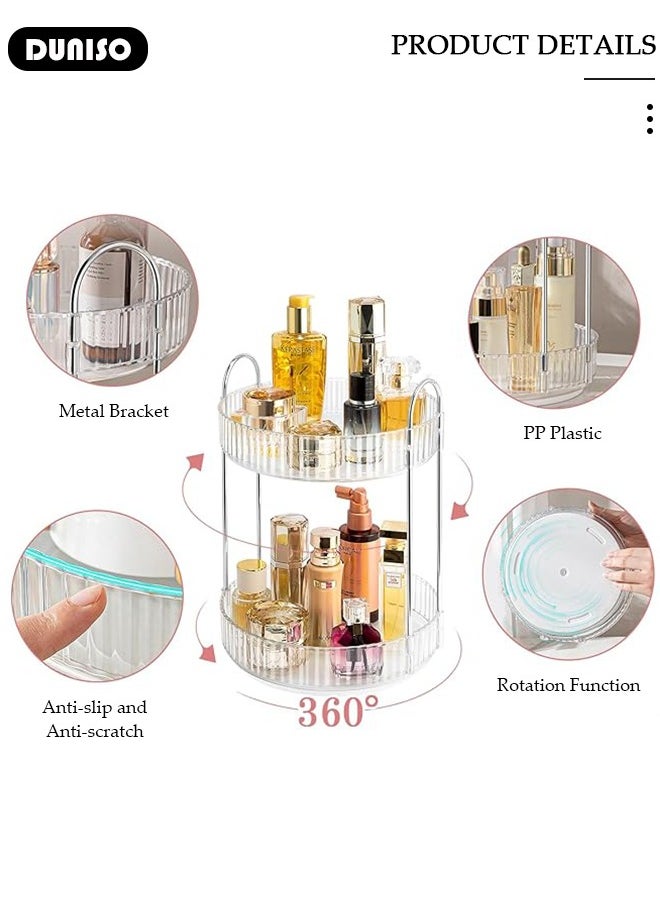 360° Rotating Makeup Organizer for Vanity, Bathroom Countertop Organizer Spinning Perfume Organizer, High-Capacity Cosmetic and Skincare Dresser Make Up Holder Rack, Clear Bathroom Counter Organizer for Cosmetics, Lipsticks, Spinning (2 Tier)