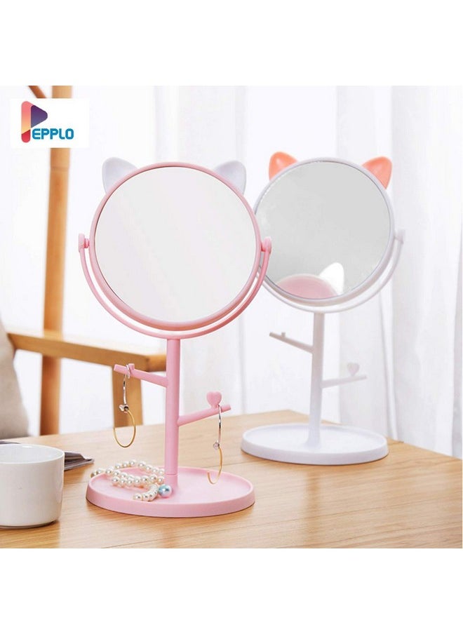 pepplo Tabletop Cat Shape Makeup Mirror Shaving Mirror, Free Standing Table Vanity Mirror On Stand With Rotation (1Pcs, Pink) Round, Framed