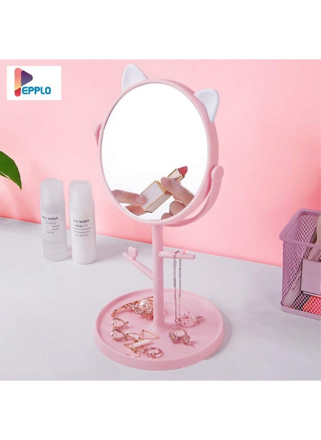 pepplo Tabletop Cat Shape Makeup Mirror Shaving Mirror, Free Standing Table Vanity Mirror On Stand With Rotation (1Pcs, Pink) Round, Framed