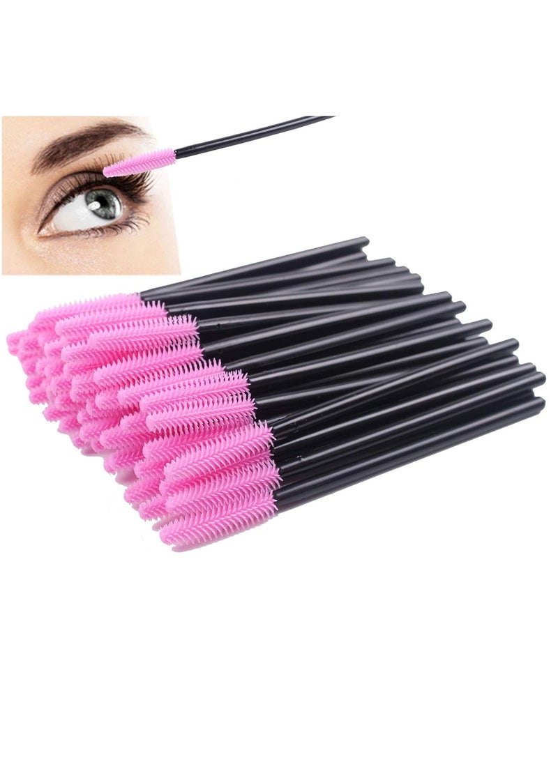 BIHRTC Pack of 100 One-Off Disposable Silicone Eyelash Mascara Brushes Wands Applicator Eyebrow Brush Makeup Tool Kit Set Deep pink