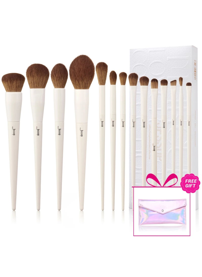 Jessup Vegan Makeup Brushes Set Professional Eco-friendly Synthetic Powder Foundation Highlight Concealer Eyeshadow Blending Eyebrow Liner Spoolie Brush Set Light Grey 14pcs T329